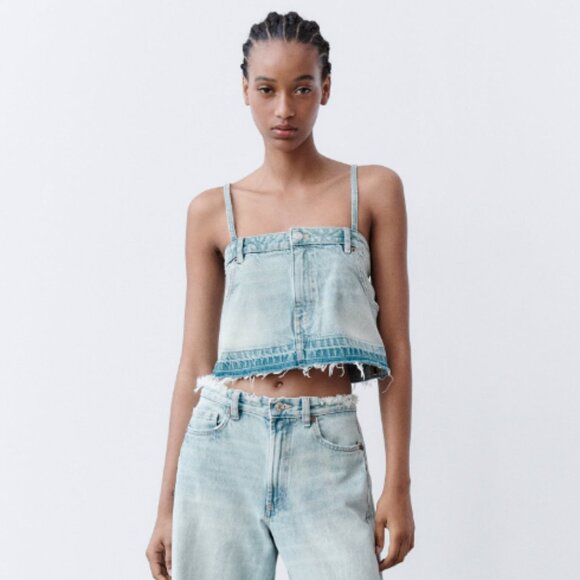 New ZARA Denim Jean Cropped Pants Top Spaghetti Strap Blue Wash Bloggers Fave - Picture 5 of 8
